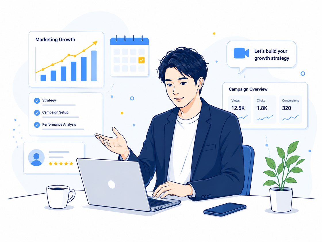 マーケティング戦略と広告成果を確認する男性のイラスト