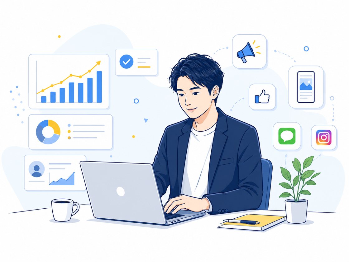 Webマーケティング業務に取り組む男性のイラスト