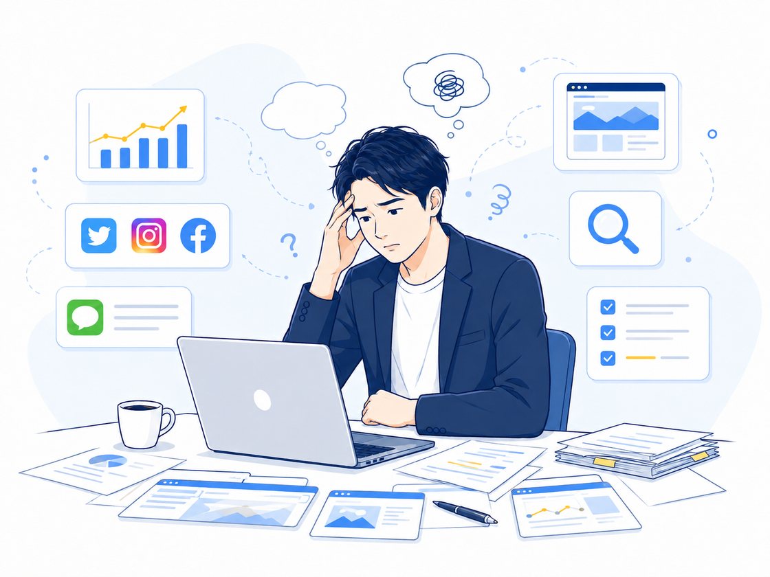 Webマーケティングの業務過多に悩む男性のイラスト